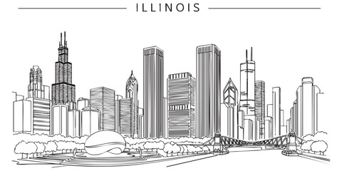 Illinois state skyline featuring Chicago city landmarks and Cloud Gate illustrated in a continuous one line drawing style. © trianatio