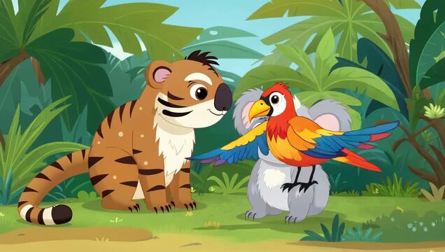 A colorful illustration of a tiger and a parrot-koala hybrid in a jungle setting.