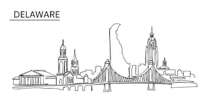 Delaware state skyline featuring Wilmington bridge and city buildings illustrated in a continuous one line drawing style.