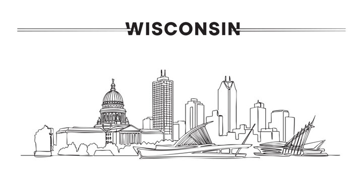 Wisconsin state skyline featuring Milwaukee Art Museum and capitol illustrated in a continuous one line drawing style.