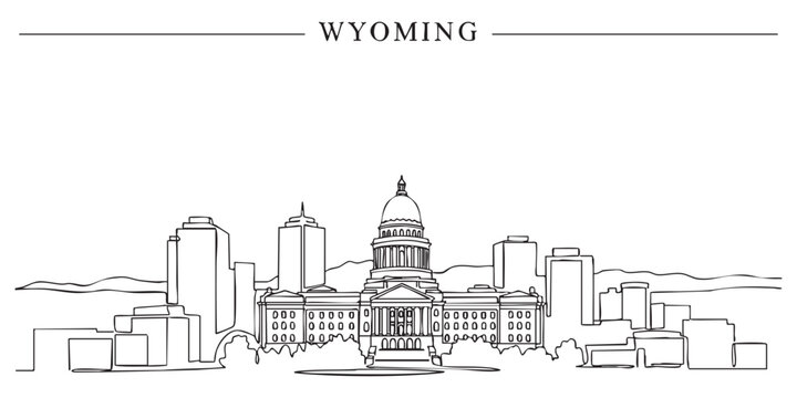 Wyoming state skyline featuring Cheyenne capitol building and mountains illustrated in a continuous one line drawing style.