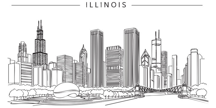Illinois state skyline featuring Chicago city landmarks and Cloud Gate illustrated in a continuous one line drawing style.