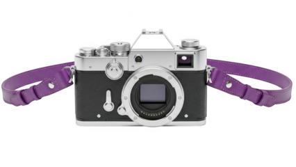 Vintage camera with purple strap isolated on transparent background