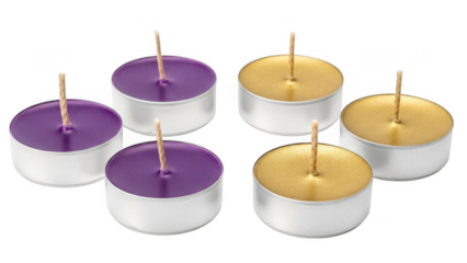 Set of six tea light candles in purple and gold colors isolated on transparent background