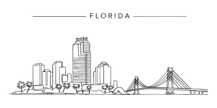 Florida state skyline with palm trees and modern city buildings illustrated in a continuous one line drawing style.
