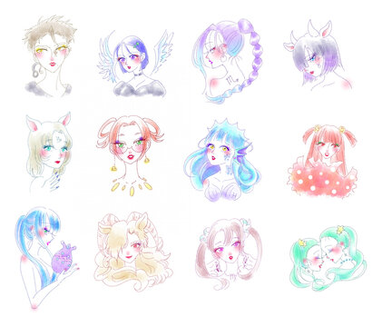 12星座 擬人化 女の子 イラスト セット 占い 水彩風 美人画