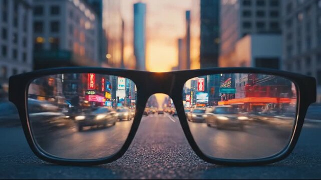 Vision of futuristic city through eyeglasses, neon lights, urban landscape, sunset.