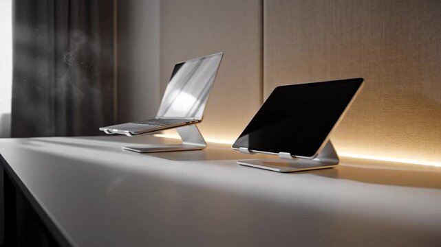 Sleek laptop and tablet setup on ergonomic stands in a modern, illuminated home office