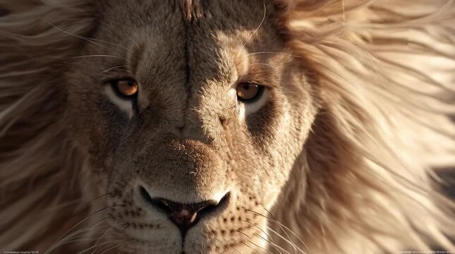 A majestic lion with a powerful roar, close-up shot, showcasing its fierce expression and majestic mane in a savannah environment
