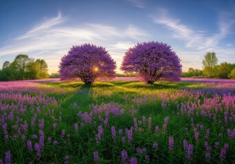 Fototapeta premium Two vibrant purple jacaranda trees in full bloom, set against a golden sunset sky, surrounded by a field of purple wildflowers