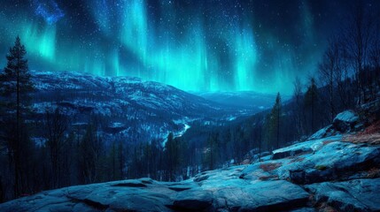 Vast Arctic Aurora Borealis Over a Snowy Mountain Landscape Under a Starry Night Sky