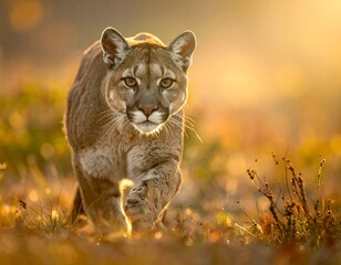 A majestic cougar strides towards the viewer, illuminated by the golden light