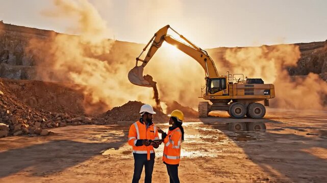 Construction Team's Dialogue: Two figures in a construction site engage in a discussion, as heavy machinery, bathed in sunlight, diligently excavates the earth.