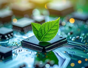 Close-up of circuit board with a leaf, symbolizing sustainability