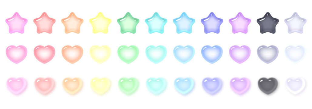 ぷっくりした星とハートのボタンイラストセット 3D 立体 パステルカラー 多色展開