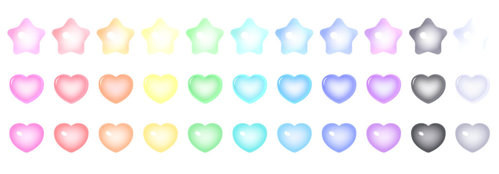 ぷっくりした星とハートのボタンイラストセット 光沢 3D質感 パステルカラー 多色展開