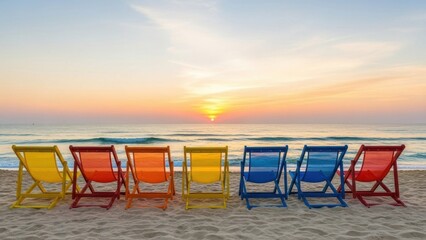 Morning serenity with a row of vibrant beach chairs on a golden sand beach facing the calm sea at