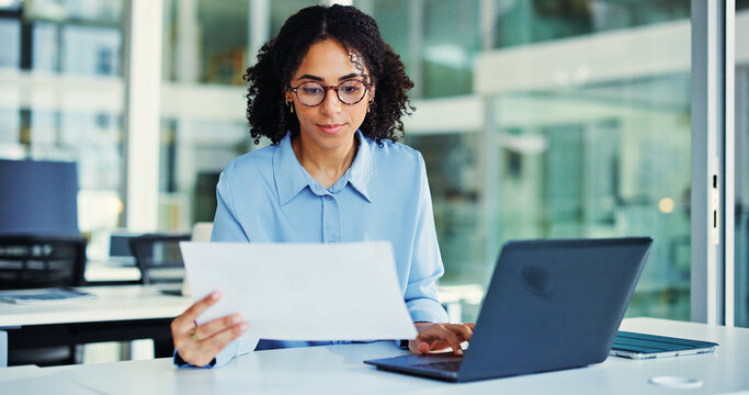 Documents, laptop and businesswoman in office with research for finance report with budget plan. Computer, reading and female financial manager with paperwork for investment proposal in workplace.
