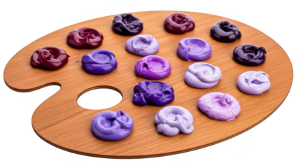 Wooden artist palette with various purple paint blobs isolated on transparent background