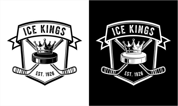 Ice Kings Hockey Emblem with Crowned Puck and Crossed Sticks.