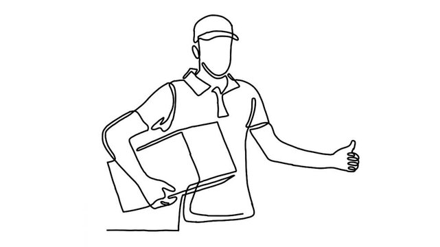 Continue line animation of courier man hold the box for delivery