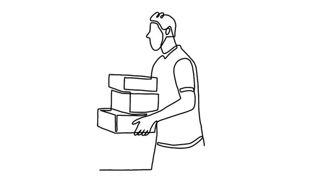 Continue line animation of courier man hold the box for delivery