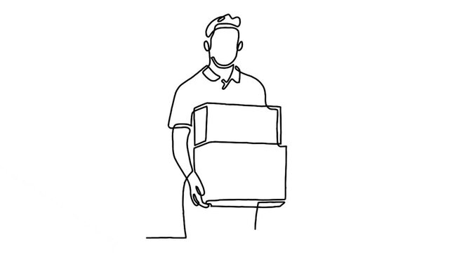 Continue line animation of courier man hold the box for delivery