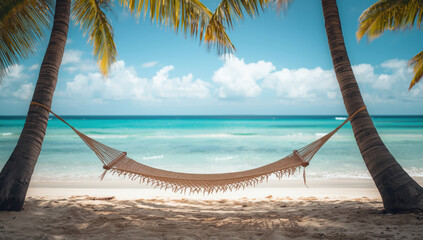 Tropical hammock between palm trees on sunny turquoise beach with calm waves and peaceful vibes