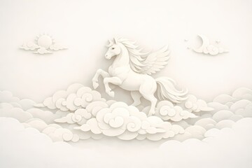 Auspicious Clouds Surrounding Majestic Horses in Ethereal Background Serene, Ivory