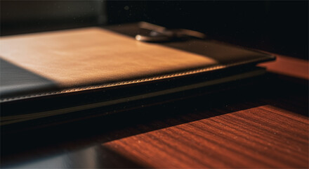 Dramatic Sunbeam on Leather Notebook Lying on Dark Wooden Desk