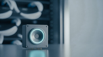 Futuristic AI Processor Module or Sensor Chip on Server Rack Background, Data Center Technology Concept