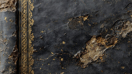 Intricate detail of a weathered antique book cover, revealing age and texture. The dark cover displays significant wear and tear, evoking a sense of history and nostalgia