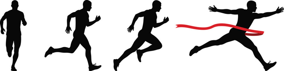 Male Runner Silhouette Sequence, Athlete Sprinting and Crossing Finish Line Ribbon, Sports Performance Icons, Training Motion