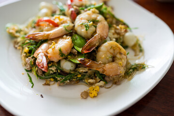 Stir fried glass noodles with shrimp, butter beans and acacia vegetable, Thai food