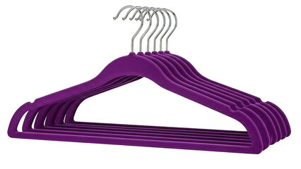 Stack of purple velvet coat hangers isolated on transparent background