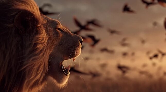 A majestic lion lets out a thunderous roar in the hyper-real winter savanna landscape as birds fly around