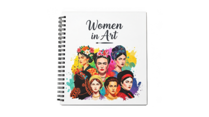 Spiral bound notebook with women in art cover design isolated on transparent background