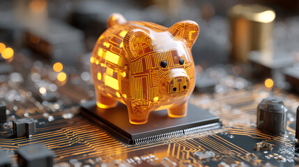 Digital Piggy Bank Sitting On Circuit Board Symbolizing Secure Online Financial Savings
