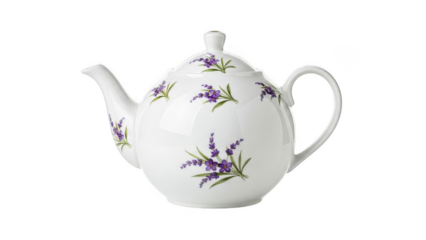 White teapot with purple flowers and green leaves isolated on transparent background