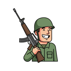 Fototapeta premium Happy Soldier Cartoon Character Holding Rifle, Military Uniform, Green Helmet