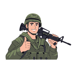 Fototapeta premium Happy Soldier Giving Thumbs Up Holding Rifle - Military Personnel Illustration