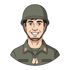 Smiling soldier in uniform with helmet, dog tags, vector illustration