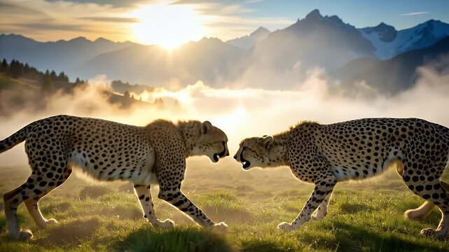 Two cheetahs facing each other with open mouths in a beautiful landscape.