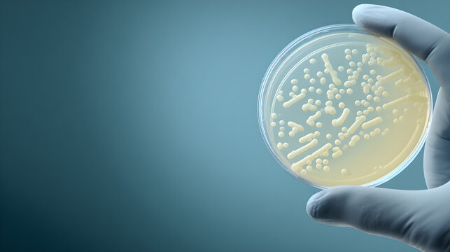 A gloved hand holding a petri dish with various bacteria colonies growing.

