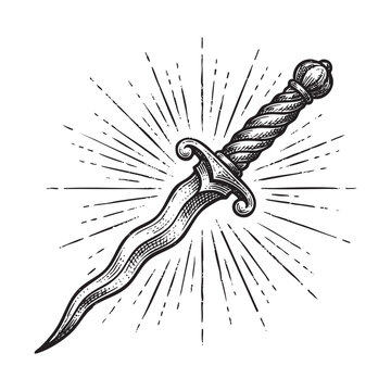 Wavy-Bladed Dagger with Sunburst engraving vector illustration