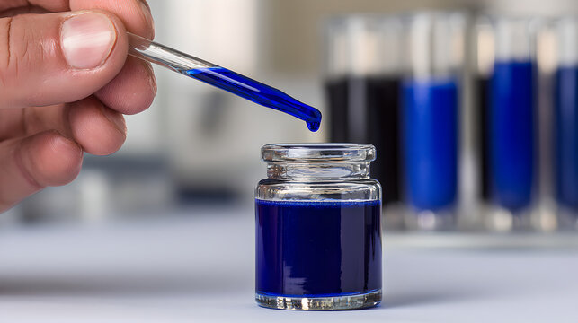 A hand carefully dispenses blue liquid from a glass pipette into vial.
 - Powered by Adobe