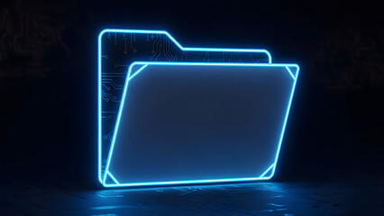 A glowing blue file folder icon integrated with electronic circuit board patterns.