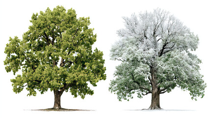 Obraz premium Two Oak Trees Side by Side Showing Green Summer Foliage and Seasonal Contrast on Transparent Background