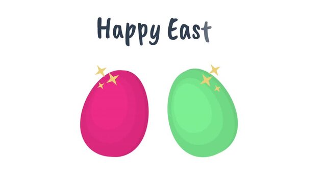 Easter Eggs Knocking Animation. Two Multicolored Easter Eggs with Sparks are changing Color. Text Happy Easter