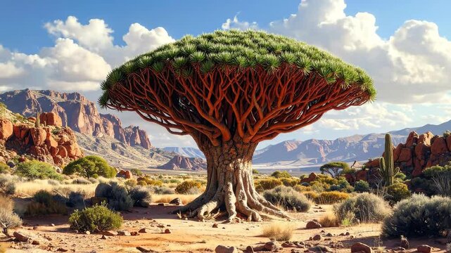 Unique Dragon Blood Tree in a Desert Landscape with Blue Sky and Clouds